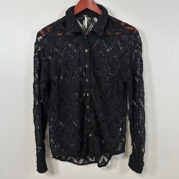 Free People Tops - Free People Womens Small Long Sleeve Black Lace Button Up Shirt Blouse